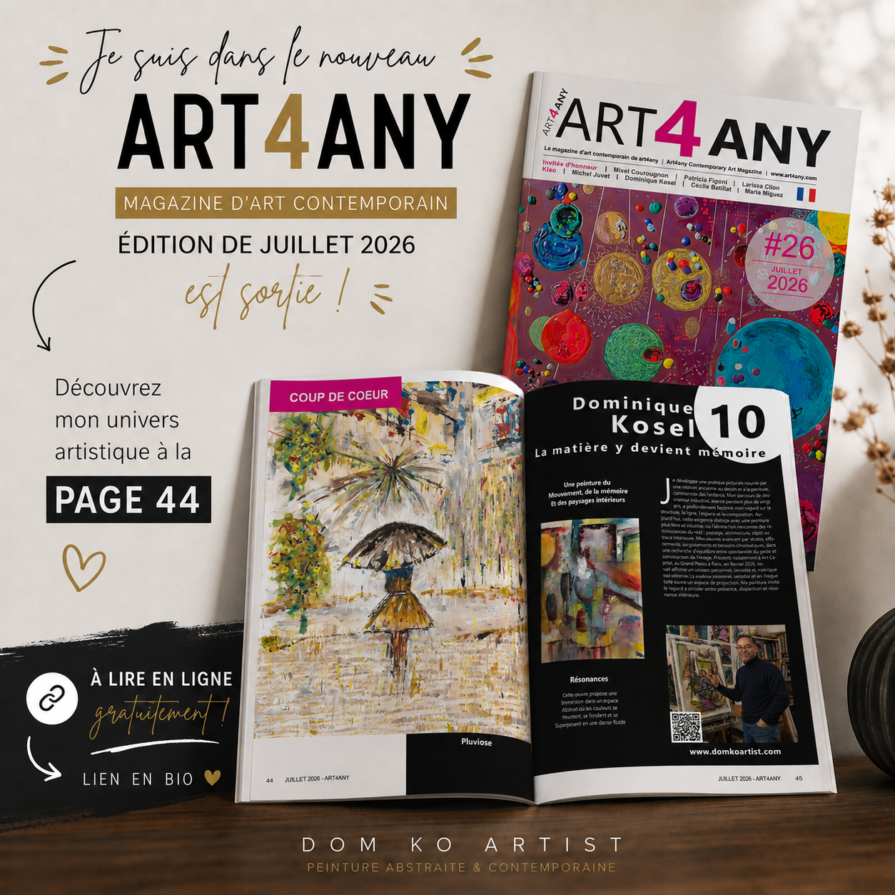 Présentation du magazine ART4ANY de juillet 2026 avec Dominique Kosel en coup de cœur à partir de la page 44