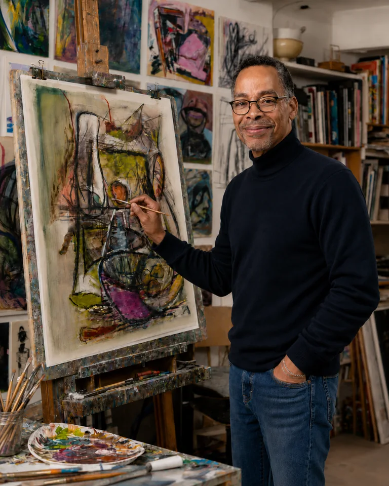Dominique Kosel dans son atelier devant une œuvre en cours