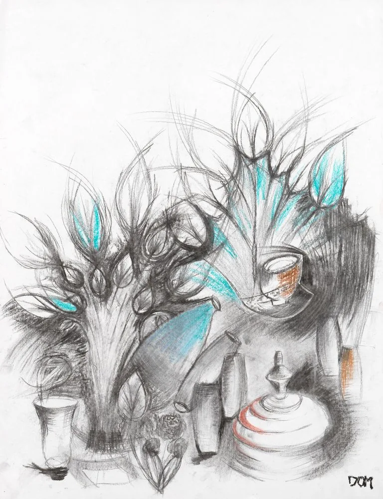 NON FINITO, dessin au fusain rehaussé de touches turquoise