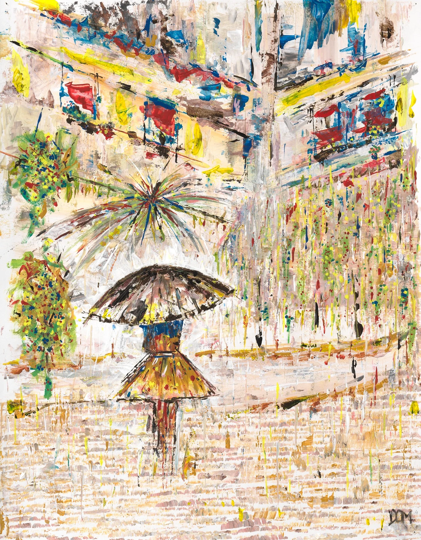PLUVIOSE, scène colorée de pluie et de ville avec une silhouette au parapluie
