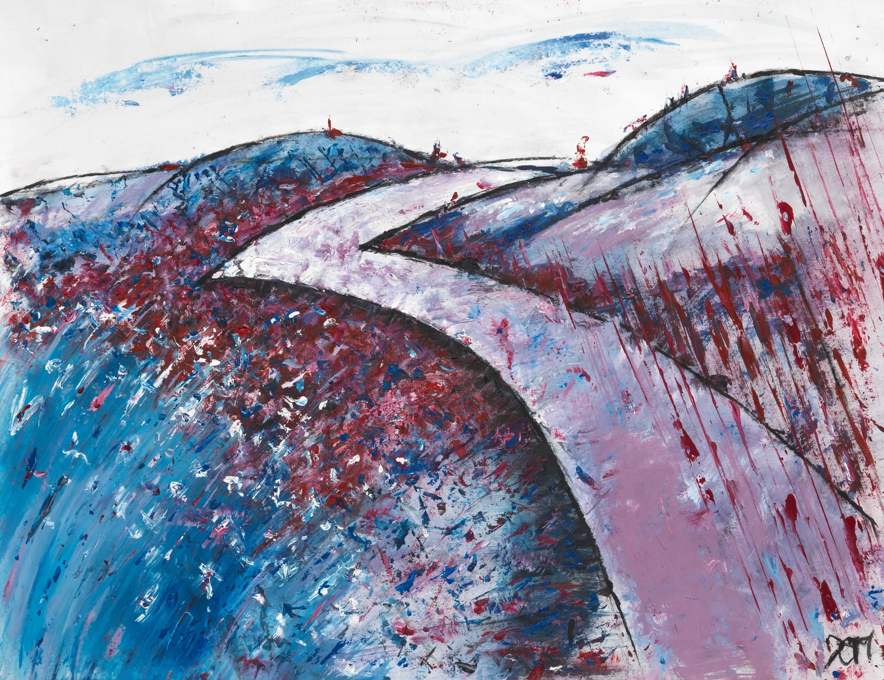 VIA ANIMAE, paysage abstrait bleu et pourpre traversé par une forme courbe