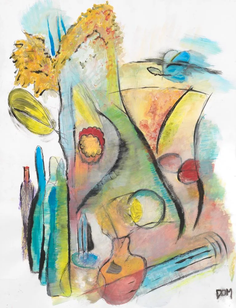 VIA ENIGMA, composition abstraite végétale jaune, verte et bleue